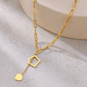 NWT Geometric Pendant Lariat Y Necklace 14K Gold Plated Minimalist Choker 16”